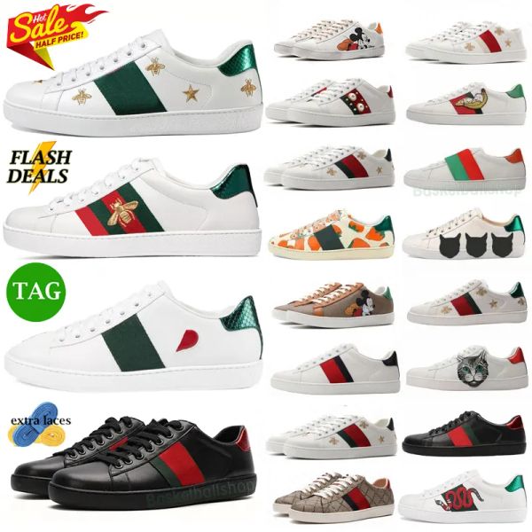 2024 Nouveau créateur de luxe pour hommes chaussures Italie Bee Ace Chaussures décontractées hommes Femmes blanches Chaussures en cuir plat Green Stripe Broidered Couples Trainers Sneakers Taille 35-45