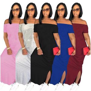 2024 NIEUWE Designer Maxi Jurken Plus size 3XL Zomer Vrouwen Slash Hals Jurk Dames Korte Mouw Bodycon Jurk Sexy Feestdagen Strandkleding Bulk Groothandel Kleding 5121-1