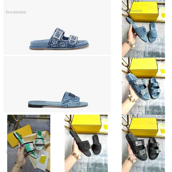 2024 Nouvelles sandales plates à double sangle avec boucle décorative F et embellissement en denim bleu antique motif Fa matelassé taille 35-42 avec boîte