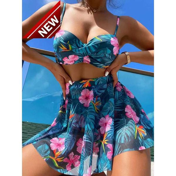 2024 NUEVO diseñador de moda Bikini Sets Sexy Womens Sexy Impresión Floral Tres piezas Traje de baño para mujeres Push Up Swimsuit con cintura alta de esquí de malla Swimsui Swimsui