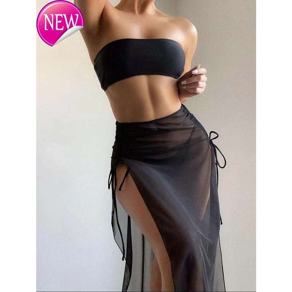 2024 Nouveau créateur de mode Sexy Bikini ensembles de maillot de bain sexy bon marché Swimming Swimmingwear Threpieces Black Gauze Jupe Saida Chain Decoration Fashion Hight