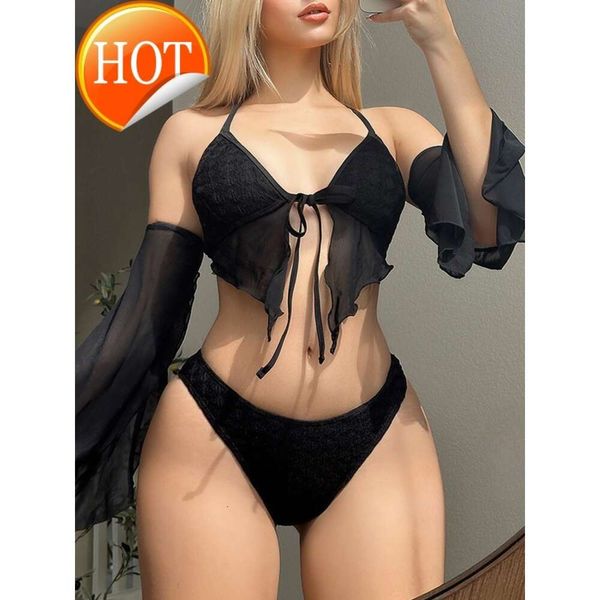 2024 Nuevo diseñador de moda para mujeres al por mayor para mujeres sexy para mujer 4 piezas Bikini Black Biki Women Sexy Mesh Patchwork empuje hacia arriba traje de baño de verano de manga larga T