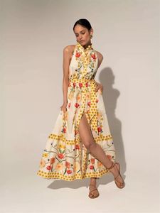 2024 nueva moda mujer Sexy Maxi vestido Beach Resort cuello alto sin mangas suelto encaje hasta vestido de flores