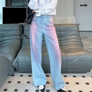 2024 Nieuwe vrouwelijke jeans dames mode roze hoge taille lange rechte been ongedefinieerde jean broek slanke broek