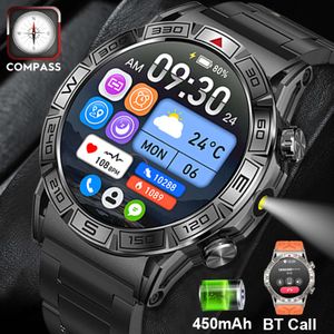 2024 Nouvelle lampe de poche extérieure Militarme Smartwatch Men 466 * 466 HD 100+ Sports Compass BT Appel Imperproof 450mAh Battery Smart Watch