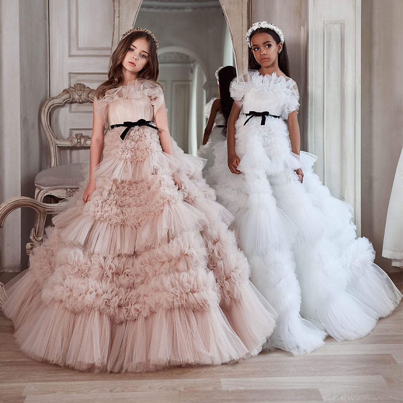 2024 Yeni Kız Pageant Elbise Çiçek Kız Elbiseleri Düğün Kepçesi Çocuklar Ruffles Tül Partisi Doğum Günü Photoshoot için