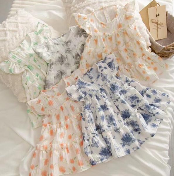 2024 Nouvelles filles robe de floral enfants mode fleur de fleur princesse robe enfants été sucette en mousseline de mousseline jupe mignonnes filles jupes