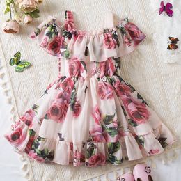 2024 nouvelle robe d'impression de fille suspendue vêtements de loisirs d'été élégants pour enfants en mousseline de soie robe de princesse photo de fleur pour enfants 240402