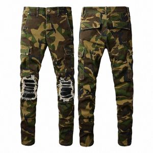 2024 Nieuwe High Street Camoue Kleur Mannen Elastische Slanke Jeans Multi-pocket Patch Ripped Stretch Skinny Motorfiets Denim Broek Mannelijke b2sB #