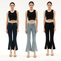 2024 Nieuwe elastische heup met hoge taille heup trimmen tassel flare broek trendy gedraaide split jeans vrouwen