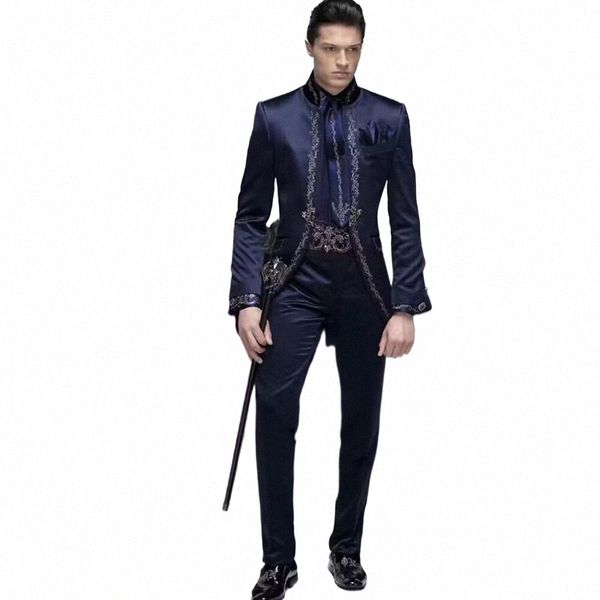 2024 Nuevo italiano clásico hecho a medida marca de lujo azul marino trajes de hombre Slim Fit Tuxedo 2 piezas chaqueta masculina conjuntos chaqueta pantalón V2jR #