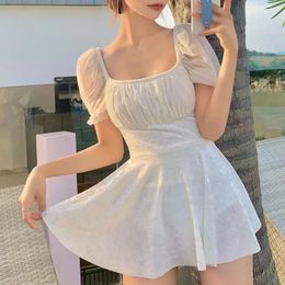 2024 NEW Japanese and Korean One-Piece Skirt Swimsuit Female French Fairy Halter Sexy Puff Sleeve Conservative Hot Spring Swimsuit for