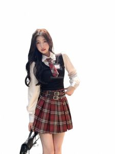 2024 nieuwe korea stijl vrouwen verbeterd pak uniform lg mouw jk hoge taille geruite rok afslanken tweedelige jk pak set w238 E1mr #