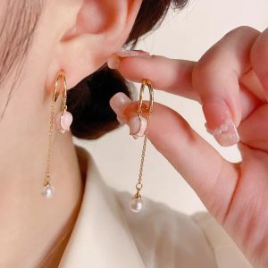 2024 Nieuwe Koreaanse Elegante Onregelmatige Roze Tulp Lange Kwastje 14 K Geel Gouden Oorbellen Voor Vrouwen Mode Parel Sieraden Geschenken