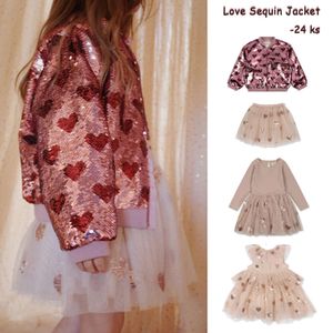 2024 Nieuwe KS Spring Girls Love Sequins Dress Jacket Kid Casual Leuke glanzende mesh rok kinderen prinses outserse feesttoppen kleding l2405