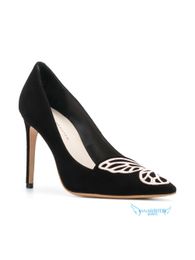 Livraison gratuite 2024 Nouvelles dames en daim pointu de 10 cm de haut Talons Solid Broider 3D Ornements papillon Sophia Webster Pillage Black Shoes Taille 34-42