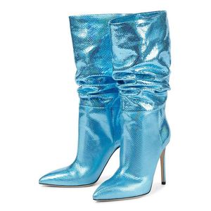 2024 NUEVA LADY BOOTS PATENTA DE PATENTA DE PATRIMONISA Stiletto High Heels Knight Plisado Medio tobillo Booties Mujeres Hyun-chae Partido de la boda de los pies de la rodilla Gran tamaño 34-48