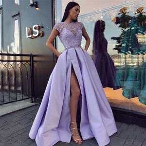 2024 Nieuwe Lavendel Prinses Avondfeest Jurk Elegante Scoop Kapmouwtjes Kant Kralen Silt A-lijn Prom Formele Gowns Robe De soiree