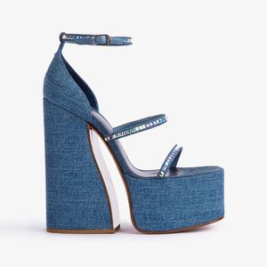 2024 Nieuwe lederen schapenvacht gladiator sandalen dikke hoge hakken pumps dames denim zomers buckle platform peep-teen open tenen round teen diamant smalband siz 35-43