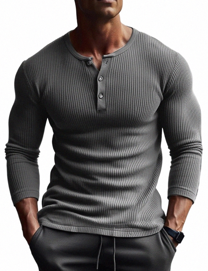 2024 New LG Sleeve Polyester T-Shirt Mens Tread Thin Third T-Shirt Spring Autum Henry-Neck Basic Tops Man Z7MU#