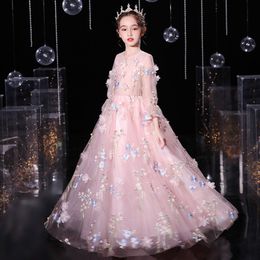 2024 NUEVO VESTIVO LUXURIUS FLORE GIRL MANEGAS LARGAS 3D Flores Apliques Vestidos de pelota Pink Princesa Primera comunión Sagrada Comunión Viste de vestidos de concurso de comunión barata