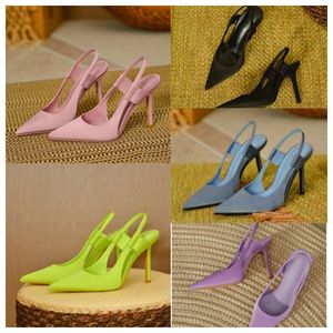 2024 Nouveau créateur de luxe High Heels Talons minces pour femmes Silk Black Blue Point Single Shoes avec une sangle et une jupe et des sandales pour femmes avec une tête enveloppée