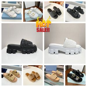 2024 Nieuwe Luxe Designer Sandaal Vrouw Gehaakte Slippers Zwart Platform Wiggen Stro Flatform Slipper Zomer Platte Comfort Muilezel Strand Zwembad Twee Bandjes