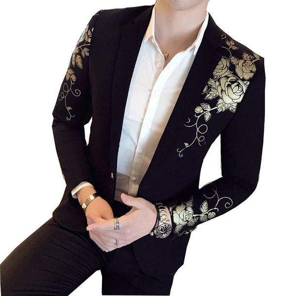 2024 Nouveaux vestes de sport imprimées en or de luxe Ultra Slim Fit Vestes de sport pour hommes Costume de scène Robes de soirée sociale Ensemble noir pour hommes Vestes 240326