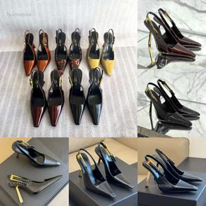 2024 Nieuwe luxe gespiegeld lederen slingback pomp prom jurk Dance Black Shoe Man Designer YSL High Heel Woman Sandaal Glijbaan Flip Flop Slipper Crocodile slanke hoge hak