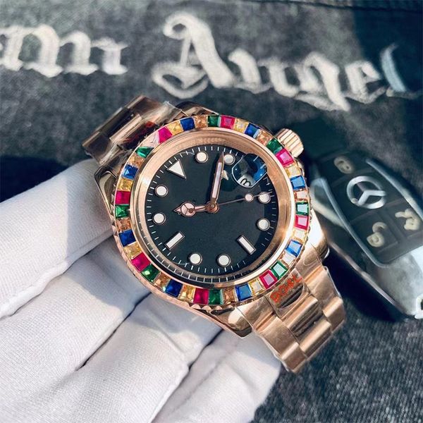 Reloj mecánico deportivo para hombre Color Diamante Buceo Relojes de diseño Movimiento automático Zafiro Acero inoxidable Totalmente funcional Hora mundial