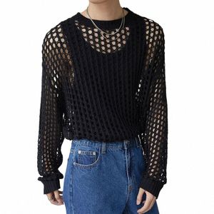 2024 Nieuwe Mannen Vintage Losse Kiel Tops Zomer Fi All-Match Casual Geometrische Hollow Out Outfits Zie-hoewel Gebreide Shirts E6Oh #