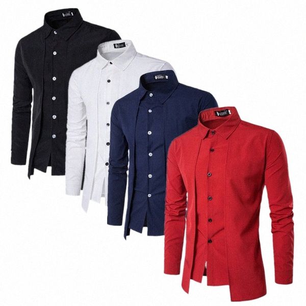 2024 New Men Shirt de couleurs de couleur unie noire / rouge / bleu marine / blanc Unique Design Men False Two Piece Shirts 00NK #