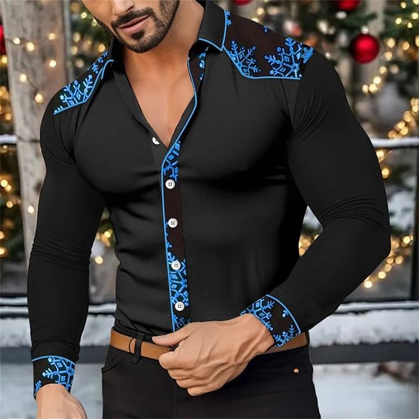 2024 Nouveau bouton pour hommes T-shirt chemise décontractée à manches longues revers de flocon de neige vêtements de Noël à la mode décontracté et confortable 240302
