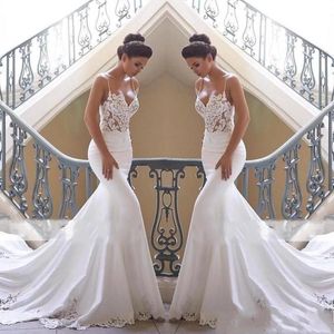 2024 NUEVOS vestidos de novia de sirena de sirena Apliques de encaje de espagua Satin Mleevels Court Train Sexy Open Back Arabic Formal Bridal Gowns 403