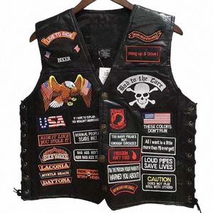 2024 Nouveaux gilets de moto en cuir court simple boutonnage 42 patchs Fi veste à manches brodées gilet punk pour hommes W6Dj #