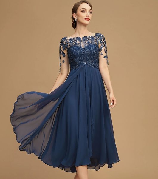 2024 Nouvelle robe de mère de mariée bleu marine A-ligne col bateau Illusion longueur de thé en mousseline de soie dentelle robes de soirée d'invité de mariage pour les femmes, plus la taille