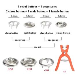 2024 nuevo kit de botón de snap de metal nuevo de 50 sets 9.5 mm con alicates de sujetador Presione la herramienta de la herramienta para la ropa de costura de la herramienta de instalación de la costura para