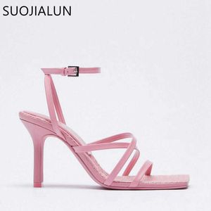 Sandale Nouvelles femmes Suojialun 2024 Sandales Pink Summer Fashion Band étroit Gladiator Chaussures minces talons hauts Toe Toe robe extérieure Pompes SH T230208 78