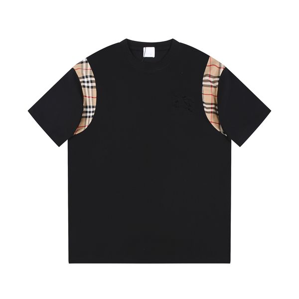 T-shirt col rond en patchwork à carreaux, poitrine gauche, cheval de guerre en relief, design pour hommes et femmes, mêmes tailles asiatiques, nouvelle collection 2024