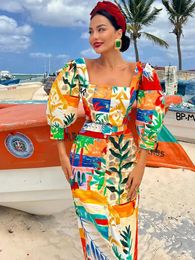 2024 Nouveau Colorfu Patchwork Patchwork Robes de cols de carrés Femmes Pouffle sans manches robes contrastées dames Vacation Vacanwear Robe 240223