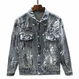 2024 Nouveau imprimé Distred Vintage Denim Jacket Hommes Fi Graffiti Hip Hop Revers Manteau Mâle Butt Jeans Vestes G49x #