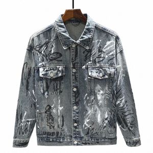 2024 Nouvelle veste en jean vintage imprimée Distred pour hommes Fi Graffiti Hip Hop Manteau à revers Homme Butt Jeans Vestes V3E3 #