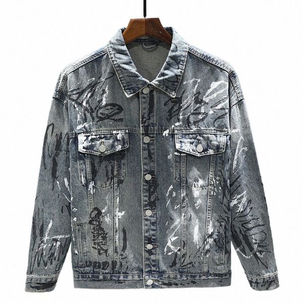 2024 Nouveau imprimé Distred Vintage Denim Jacket Hommes Fi Graffiti Hip Hop Manteau à revers Homme Butt Jeans Vestes B3fq #