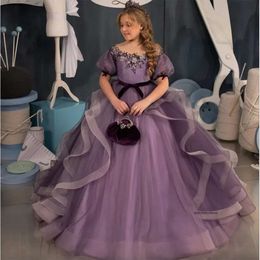 2024 Nieuwe Purple Little Girls Pageant -jurken Kristallen Baljurk Crew Neck Kids Toddler Flower Prom feestjurken voor bruiloften Cascading Ruffles 0509