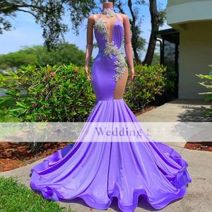 2024 NIEUW Purple Mermaid Prom Dresses Halter Neck Floral Appliques Zie door avondjurken Afstuderen Verjaardagsfeestje Jurk Robe de Soiree