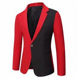 2024 Nuevo traje empalmado rojo y negro Chaqueta con cuello en V para hombre con un solo trasero Slim Fit Blazers Blue Gold Sier Tops Coat e6EU #