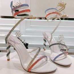 2024 Nieuwe Rene Caovilla Sandalen Hoge Hak Vrouwen Strass Decoratie Slangvormige Gewikkeld Enkelbandje Luxe Designer Sandaal Mode Jurk schoenen