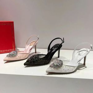 2024 Nieuwe Rene Caovilla Sandals vrouwen 7,5 cm hoge hak kristaldecoratie ontwerper Casual Slingbacks Buckle puntige mesh trouwschoenen vrouw pompen met stofzak 033