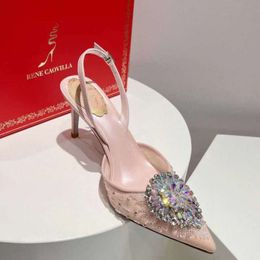 2024 Nuevas sandalias de Rene Caovilla Mujeres Decoración de cristal High Heel Diseñador Casual Slingbacks Hebilla de malla Mole de malla Bomba con bolsa de polvo