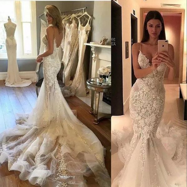 2024 Nuevos vestidos de novia de sirena sexy ilusiones correas de espagueti en cuello apliques beads cristal sin respaldo cajas de novia formales personalizadas 403